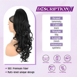 SOMOREATY Ponytail Extension, 24" Claw Clip in Ponytail Extensions Synthetic Hairpiece Long Curly Wavy Layered Hair Extension Jaw Clip on Pony Tails for Women Black