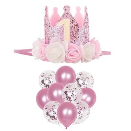 1st Birthday Hat, First Birthdays Decorations Girls with 1pink Birthdaye Crown and 10 Balloons, Baby Girl 1st Birthday Gifts, Photo Prop, Birthday Girl Headband for Baby Girls and Boys