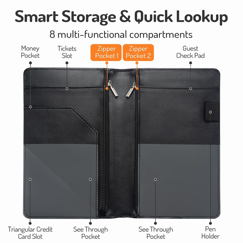 Server Book with 2 Zipper Pockets, Leather Server Books for