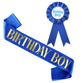 Birthday Boy Sash Blue Ribbon Satin Fabric Birthday Button Pins Tinplate Birthday Badge Pin Birthday Party Decoration for Boys Kids Birthday Party Favors