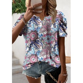 BETTE BOUTIK Summer Womens Tunic Tops Short Sleeve Trendy Boho Tshirts Dressy Casual V Neck Blouse Ladies Basic Cute Vintage Shirts Pink Blue Medium