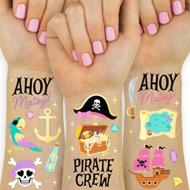 xo, Fetti Pirate Crew Temporary Tattoos - 48 Gold Foil Pcs | Birthday Accessory, Girl Treasure Hunt Decorations, Kids Ahoy Party Favor, Cute Pink Activity