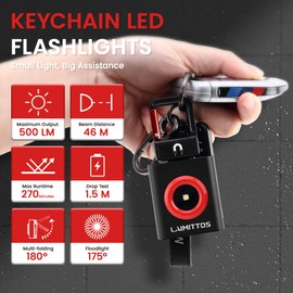 LAIMITTOS Mini Keychain Flashlight 500 Lumens, Small Flashlight Powerful Rechargeable Emergency Pocket Flashlight High Lumens with Foldable Magnetic Bracket