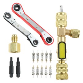 TEENGSE Valve Core Remover Installer Tool with Dual Size SAE 1/4" & 5/16" Port and HVAC Service Wrench Tool with Four Size 3/8"&1/4"&5/16"&1/4"&3/16", 2PCS Hex Bits Adapter and 10PCS Valve Cores