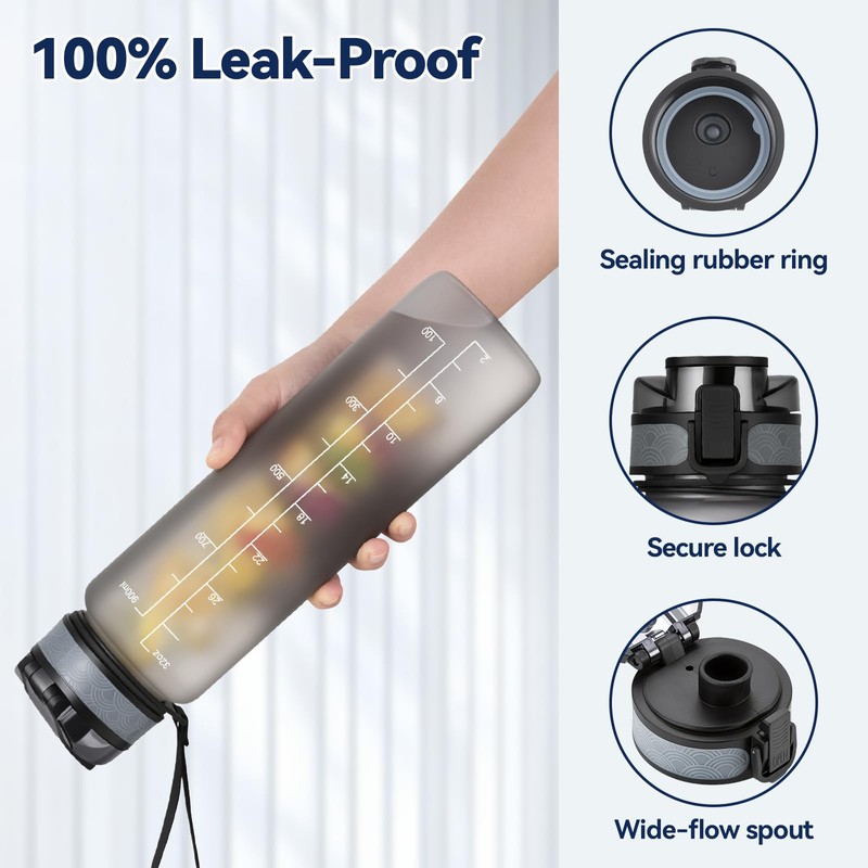 UTEBIT Gray Water Bottle 32oz, Motivational and Leak-Proof Water Cup