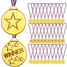 GeeRic 30Pcs Gold Winners Medal with Neck Ribbons, Game Medals Prizes Star Gold Prizes for Sports, Competitions, Party, Olympic Style