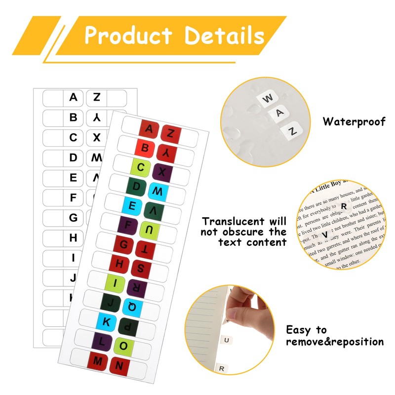 A-Z 26 Alphabet Tabs, Self Adhesive - White and Colorful