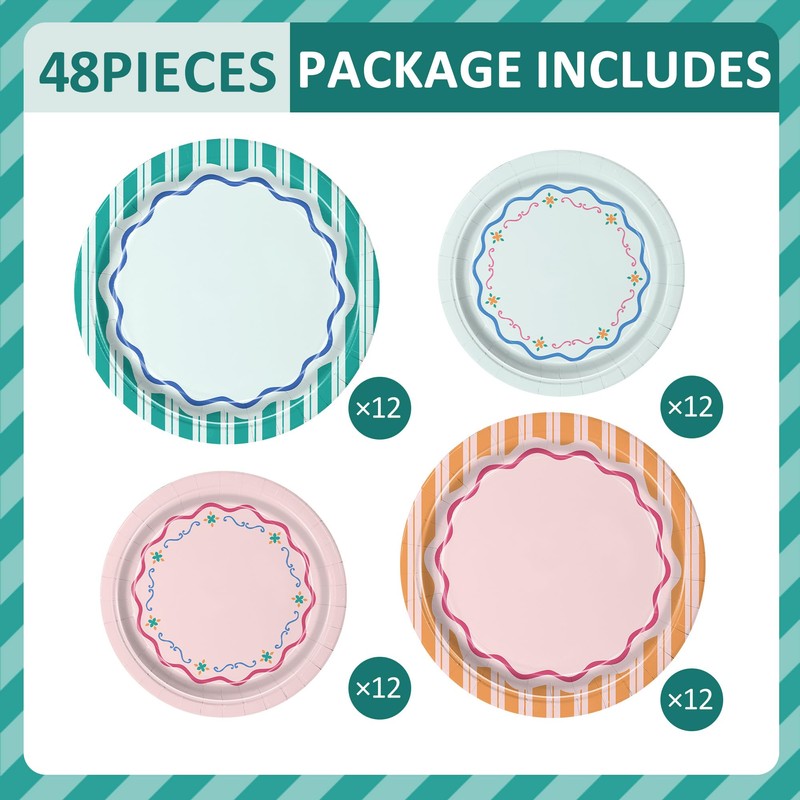 48pcs Italian Summer Party Plates Striped Paper Plates 9" +