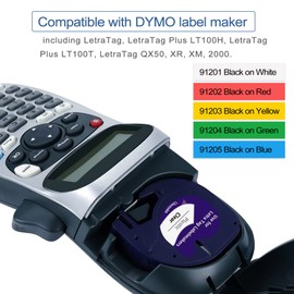 BEYONDTEK Label Tape Compatible for DYMO LetraTag Refills Plastic Colored Label Tape for Dymo LT-100T LT-100H LT-110T QX50, Black on White/Yellow/Red/Green/Blue, 12mm x 4m, 5 Pack