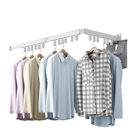 AZHZOLSK Clothes Drying Rack Laundry Space Saver Wall Mounted Retractable & Collapsible(Tri-Fold) Clothes Hanging 18 Windproof Hooks White Color Rack