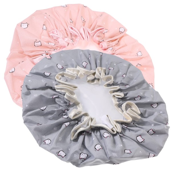 WOONEKY 2Pcs Double Layer Waterproof Shower Caps Elastic Band for