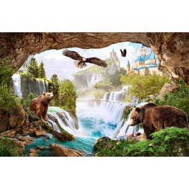 Waterfalls Backdrop Mountains Old Castle Lovely Bears Cave Style Photography Background Pine Trees Green Jungle Rainforest Landscape Backdrops Birds Hawk Fantasy Animals Safari Background 7x5ft