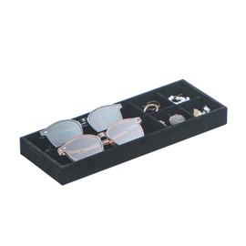 Divided Drawer Organizer Tray, Velvet Jewelry Storage Tray, Necklace Bracelet Ring Earring Display Tray,Bedside Nightstand Desk Holder Tray for Phone Watch Sunglasses Cosmetics Storage/Black/6grid