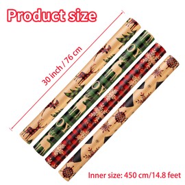Christmas Wrapping Paper (4 Rolls: 148 sq. ft. ttl) - Red/Green and Black Plaid Grid Patterns, Stockings Snowflakes Pine Tree and Reindeer - Holiday Kraft Gift Paper 30 inches x 14.8 feet Per Roll