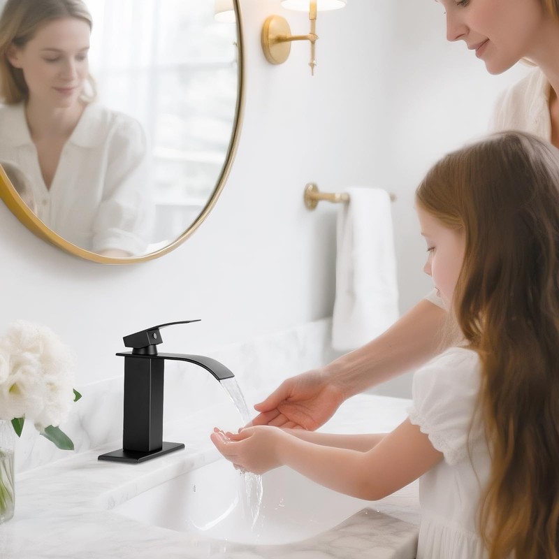 RNDIOZD Matte Black Bathroom Faucets, Waterfall Bathroom Sink Faucet Modern