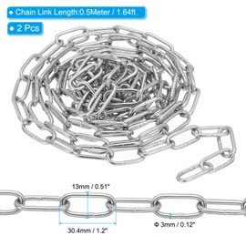 PATIKIL 2 Pcs 1.64FT x 1/2" x 0.12" 304 Stainless Steel Link Chain Link Proof Coil Chain