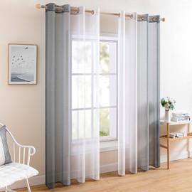 MIULEE Set of 2 Voile Curtains, Two-Tone Curtains with Eyelets, Transparent Curtains, Window Curtains, Translucent, for Bedroom, 140 x 145 cm, Grey