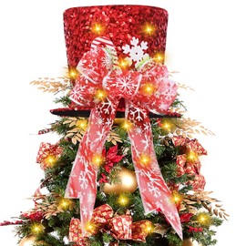 Christmas Tree Topper Hat, Velvet Red Top Hat Tree Topper with 2m Ribbon Light, Santa Hat Tree Topper Christmas Decorations for Holiday Decor Xmas Gift (Red)
