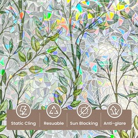 ADD.HERES Window Privacy Film Home Room Bathroom Spring Decor Car Decorations, Stained Glass Window Film, Static Cling Window Film, Window Tint，Rainbow Window Film (Green Vineman, 29.5" X 78.7")
