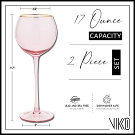 Vikko Wine Glasses, 17 Ounce Pink Wine Glass with Gold Rim, Set of 2 Stemmed Wine Glasses for Red and White Wine, Colored Wine Glasses, Glasses for Wine