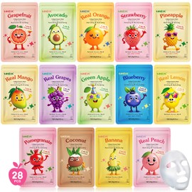 KONEUK 28 Pack Fruit Face Masks Skincare for Kids Girls, Sheet Collagen Face Mask for Women Skin Care, Bulk Hydrating Facial Mask for All Skin Types, Christmas Birthday Party Spa Gifts for Teens