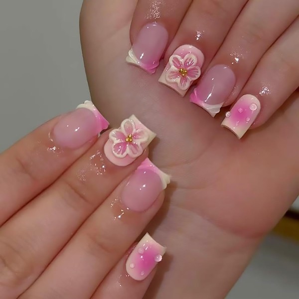 QEYRIYI 3D Flowers Press on Nails Short Square Fake Nail