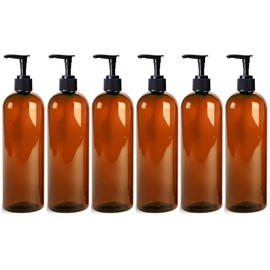 6 Pack 16 oz (475 ml) Slim Plastic PET Bottles with Black Lotion Pump Dispensers | Shampoo Lotion Soap DIY Bottles | Made in USA | Mountainleaf (Amber Bottle Without Label)