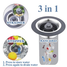 3 in 1 Sink Drain Stopper, Kitchen Sink Drain Strainer, Fast Drainage, Stainless Steel Pop Up Sink Protectors for Kitchen, Sink Drain Strainer for Standard 3-1/2 Inch Drain