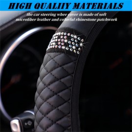YSFKJ Soft Leather Car Steering Wheel Cover, Universal 15 Inch Colorful Rhinestones Anti-Slip Elastic Steering Wheel Covers for Most Cars, Sparkly Crystal Diamond for Women Girls (Black)