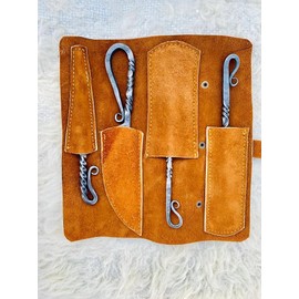 MDM King Tools Viking Knife set, Viking Cutlery Set Hand Forged Black Silverware Set With Leather Cover- Medieval 4 Pcs Kitchen Utensils Set, Knife Spoons And Forks Set- Dinnerware Sets, Utensils Set