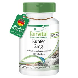 Fairvital | Kupfer Tabletten 2mg - HOCHDOSIERT - Nahrungsergänzungsmittel aus Kupferbisglycinat - Vegan - 100 Tabletten