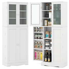 Giantex Pantry Organizers and Storage, 63.5” Tall Kitchen Cabinet, Food Buffet Cupboard with Glass Doors, Shelves with Baffle, Wooden Freestanding Sideboard for Dining Room Living Room (White)