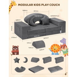 Kidirect Modular Kids Play Couch, K12 320+DIY Convertible Foam Couch for Boys & Girls, Versatile Foam Fort Building Set, Child Sectional Kids Sofa for Playroom Bedroom(Space Grey)
