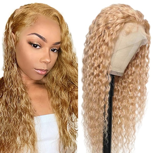 Hxxcoup Deep Wave Wig Human Hair Wig 13 x 1 Lace Front Wig Real Hair Wig Blonde Wig Women 20 Inch Glueless Wig #27 Blonde Real Hair Wig for Women Wigs for Woman 20 Inches