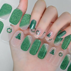 Tyuimhx Christmas Semi Cured Gel Nail Strips, 20 Pcs Winter Xmas Gel Nail Stickers Christmas Tree Designs Red Green Glitter Wraps for UV/Led Manicure Lamp Nails Art Decorations