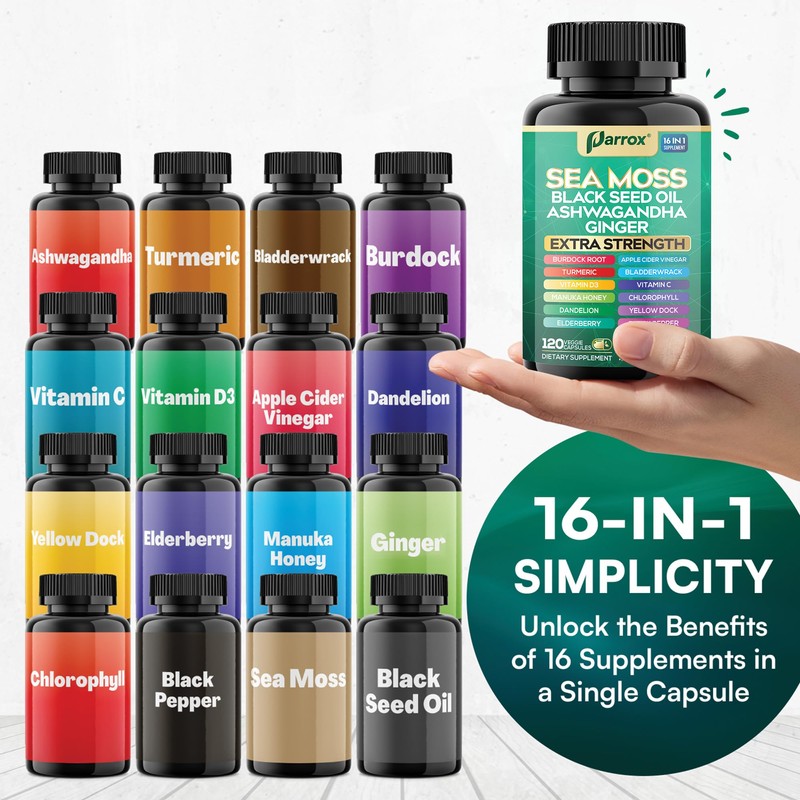 Parrox Sea Moss, Black Seed Oil, Ashwagandha, Turmeric, Chlorophyll, Dandelion,