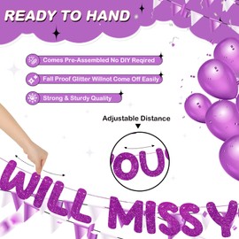 Fulmoon Pre Strung We Will Miss You Banner Glitter Bunting Graduation Retirement Party Decorations 8.2 ft Goodbye Decorations for Going Away Farewell Army Decorations Party Supplie (Purple)