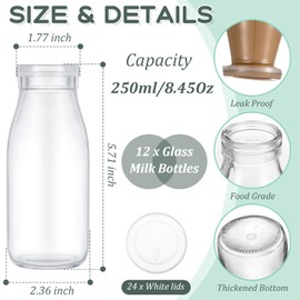 Zubebe 12 Pack Glass Bottles with Lids Clear Glass Milk Bottle Reusable Glass Milk Jar Small Milk Storage Bottle Vintage Breakfast Shake Container for Drinking Water Juice Honey Beverages (8.45 oz)