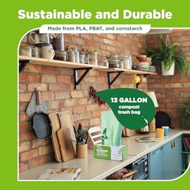 Bolsas de basura compostables GreeneWrap de 13 galones con cordón de cierre, 30 unidades, extra gruesas de 1 mil, bolsas altas de cocina para restos de comida, certificadas BPI, ASTM D6400, bolsas de