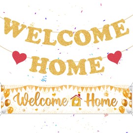 Welcome Home Letter Banner Decorations - White Gold Welcome Back Hanging Backdrop Military Relatives Returning Housewarming Decor, Large Background Banners for Homecoming Family Party Indoor Outdoor