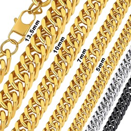 Bandmax Men's Heavy Curb Necklace Stainless Steel / 18 Carat Gold-Plated Solid Link Chain Miami Cuban Chain Hip Hop Fashion Jewellery – 5 mm/7 mm/10 mm/13.5 mm Wide 46 cm to 76 cm – Gold/Black/Silver