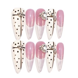 Handmade Press On Nails Long White French Tip with Diamond Spot Cream Design, Set of 10 Pcs Acrylic Press On False Nails Stiletto, Size Medium