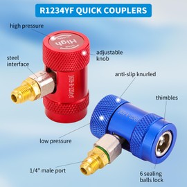 1234YF Quick Couplers Kit, High/Low Side R1234yf Manual Couplers, R1234YF Adapter Kit, High/Low Pressure Side R1234yf Manual Connector Kit for AC Charging, Quick Connect R1234YF Adapter