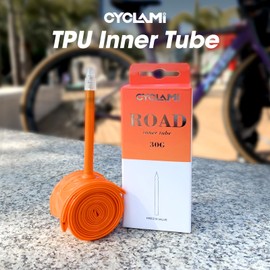 CYCLAMI Set of 2 Orange 700C TPU Bicycle Inner Tubes - 30 g Lightweight - 65 mm FV Valve for 18-32C Tyres