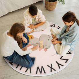Tapis Design Cartoon Dinosaur Rugs, Soft Cute Childrens Rug Low Pile Nursery Rug Boys Girls Bedroom Rug Non-slip Washable Kids Carpets for Playroom, Round Rug 80cm, Blush Pink and Sage Green