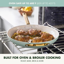 GreenPan Hard Anodized Healthy Ceramic Nonstick 12" Frying Pan Skillet with Helper Handle and Lid, Gold Handle, PFAS-Free, Dishwasher Safe, Oven Safe, Julep Green