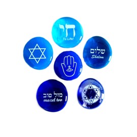 Judaica Glass Stones: Chai, Star of David, Hamsa, Mazel Tov and Shalom on Shades of Blue, Set of Six, by Lifeforce Glass