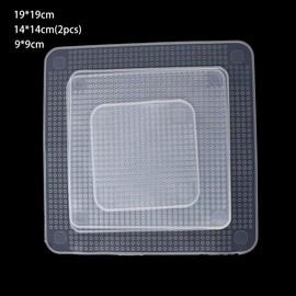 Pokinge 4 Pcs Food Container Cover, Transparent Silicone Stretch Lids Reusable Microwave Food Cover 3 Sizes Square Bowl Cup Cover Fresh Keeping Tool