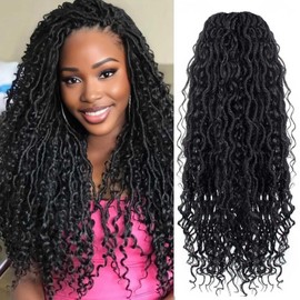FFDDear Goddess Locs Crochet Hair 26 Inch 8 Packs Synthetic Boho Curly Ends Pre-Looped Crochet Hair Extensions Natural Black for Women(#1B)