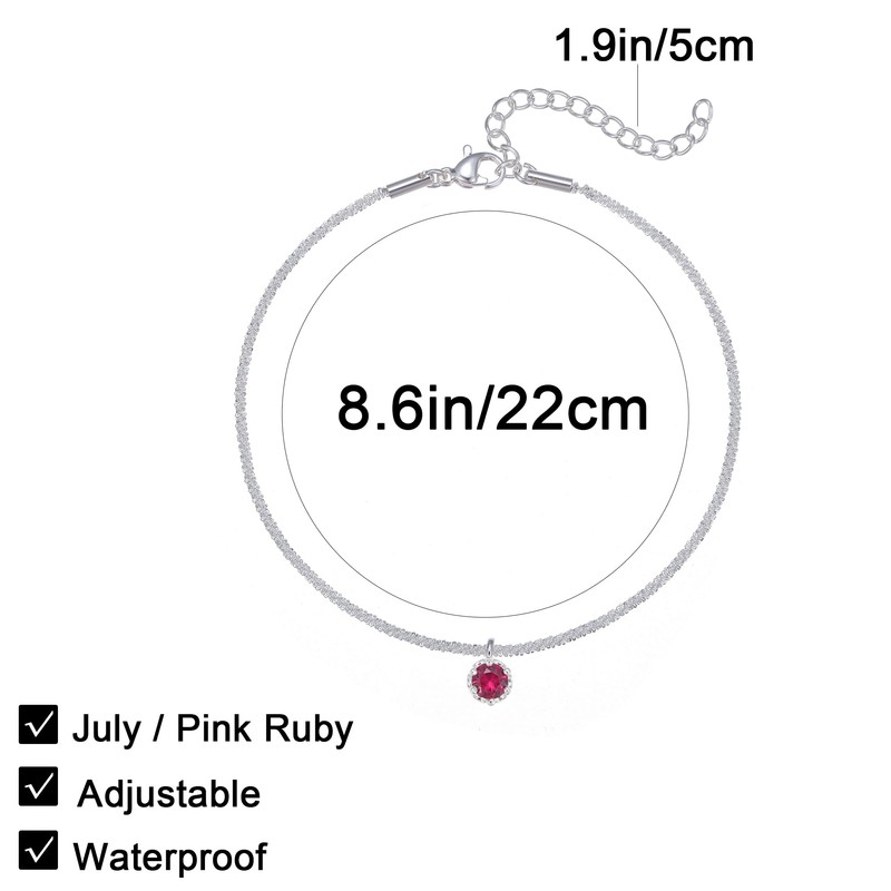 Wellike Silver Ankle Bracelets For Women Waterproof July Pink Birthstone